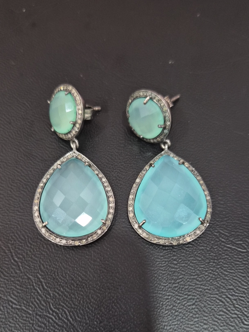 Aqua Teardrop Dangle Earrings with Pave Halo